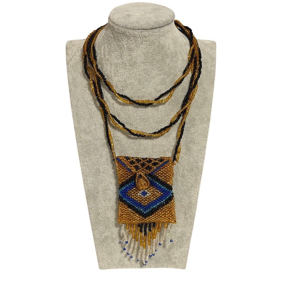 Vintage Beaded Medicine Bag Necklace Seed Bead Amulet Coin Pouch 36”